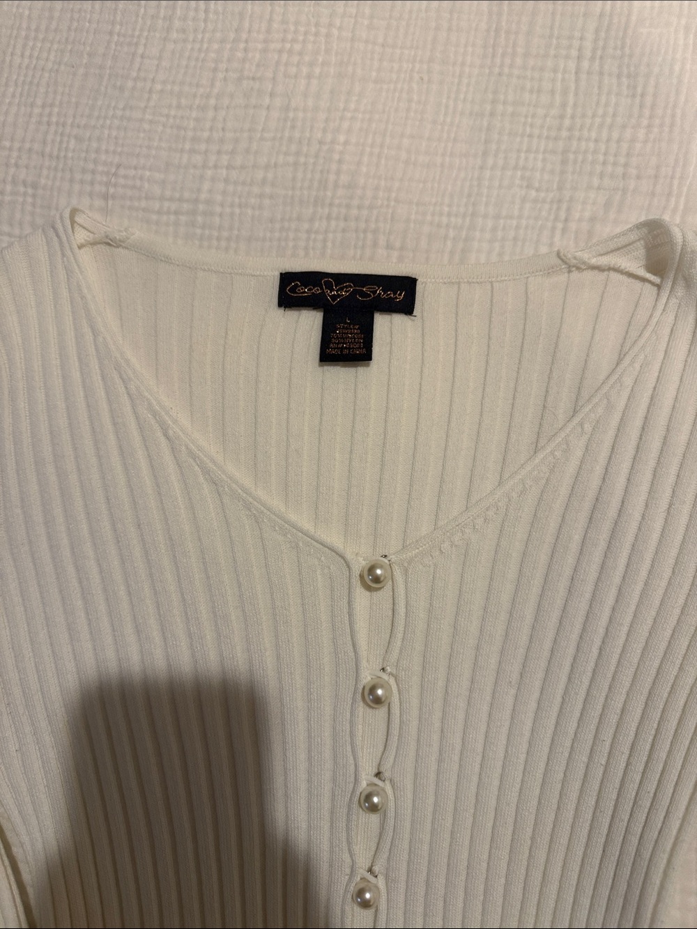Cream Ribbed Button-Front Cardigan with Pearl Buttons - Picture 2 of 2